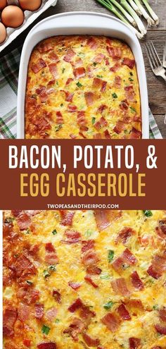 bacon, potato and egg casserole in a white baking dish on a wooden table