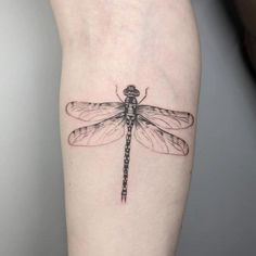 a black and white photo of a dragonfly tattoo