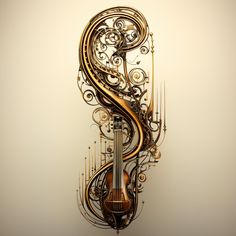 an artistic violin wall hanging on the side of a wall with vines and swirls