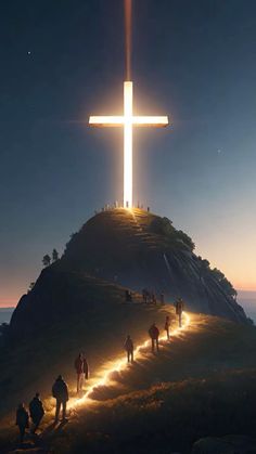 people walking up a hill towards a cross on top of a hill with the sun shining down