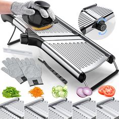 WHEN OTHER SLICERS BREAK, DULL, BEND OR CHIP, our blade is extremely sharp, TOP GRADE 4CR15 stainless steel unlikely to chip, dull or bend. Other slicers may tear up, make uneven cuts or destroy your veggies. With our slicer, you get a clean, even cut - NO HASSLE OR HEADACHE. The vegetable slicer body is professional quality with easy to clean surgical stainless steel. Durable black plastic accents. Will stand the test of time, becoming your favorite kitchen gadgets. Different Fruits And Vegetables, Cut Resistant Gloves, Different Fruits