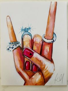 a drawing of a hand with two fingers and rings on it's middle finger