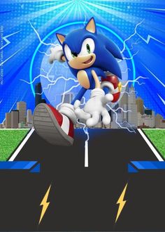 sonic the hedgehog is riding on top of a skateboard with lightning in the background