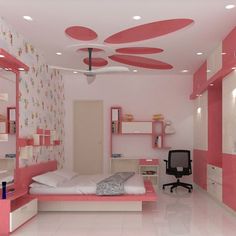 a bedroom with pink walls and white flooring