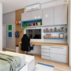 a bedroom with a bed, desk and shelves in the wall next to an office