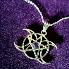 Triple Moon Pendant Features A Pentagram With An Amethyst Stone In Its Center. The Triple Moon Is Often Used As A Symbol Of The Goddess. Pendant Hangs From An 18” Chain With 2” Extender. Triple Moon Pentagram, Moon Pentagram, Occult Witch, Pentagram Necklace, Goddess Pendant, Triple Moon Goddess, Goddess Necklace, Witch Fashion, Triple Goddess