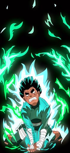 an anime character sitting in the middle of a green and black background with flames coming out of his chest