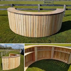 the curved bench is built into the grass