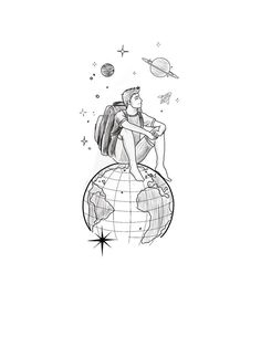 a black and white drawing of a man sitting on top of a globe with planets in the background