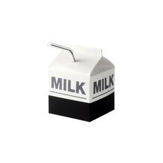 a black and white milk carton with the word milk on it's side