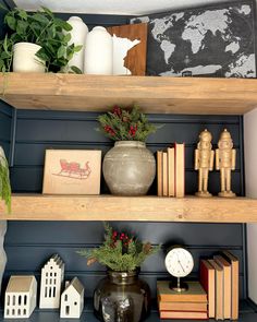 the shelves are filled with books and decorations