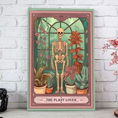 a skeleton sitting in front of a window surrounded by potted plants