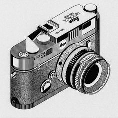 an old fashioned camera is shown in this black and white drawing, with the lens facing upward