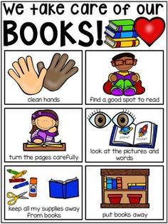 we take care of our books poster with pictures and words to help students understand what they are reading