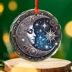 Star Moon Goddess Celestial Glass Ornament Pagan Yule Ornament-MoonChildWorld Wiccan Christmas, Wiccan Yule, Witch Ornaments, Celestial Christmas, Yule Ornaments, Pagan Christmas, Pagan Yule, Yule Tree, Yule Decorations