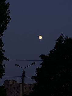 the moon is shining brightly in the sky above some trees and street lights at night