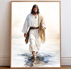 a painting of jesus walking into the water