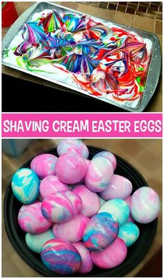 two pictures with different colored easter eggs in them and the words shaving cream easter eggs