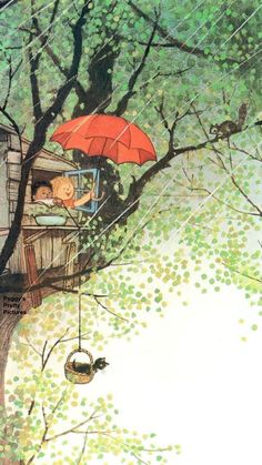 an illustration of a person hanging from a tree with an umbrella over their head and another man sitting in the window