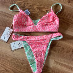 Reversible Brand New With Tags. Pink Bra-friendly Swimwear For Beach Party, Beachy Pink Swimwear, Bra Friendly, Beachy Pink Swimwear Bra Friendly, Beachy Pink Swimwear Bra-friendly, Trendy Pink Triangle Top Swimwear, Beachy Pink Bra-friendly Swimwear, Preppy Bikinis, Green Bralette, Mermaid Stuff