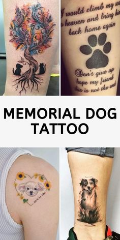 four different tattoos with the words memorial dog tattoo on their back and side, in front of