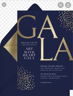 a blue and gold party card with the word gaja written in gold on it