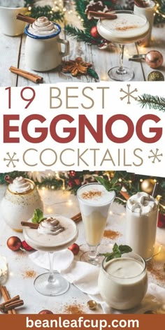 eggnog cocktails on a table with christmas decorations in the background and text overlay that reads 19 best eggnog cocktails