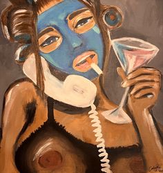 a painting of a woman with a blue mask holding a wine glass and talking on the phone