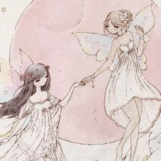 a drawing of two fairy girls holding hands