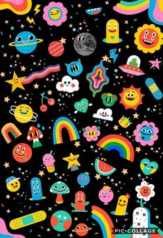 an image of many different cartoon characters on a black background with stars, clouds and planets