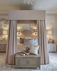 a bedroom with a canopy bed and chandelier hanging from it's ceiling