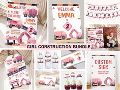 girl construction birthday party package including cupcakes, cards, and decorations for girls