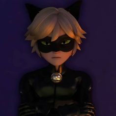 an animated catwoman with green eyes and black catsuits on her face, standing in front of a purple background