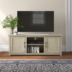 a white entertainment center with a plant in the corner and a large screen tv on top