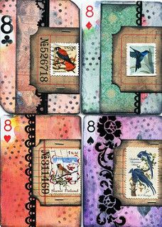 four playing cards with birds on them and numbers 8, 9, 10, 11