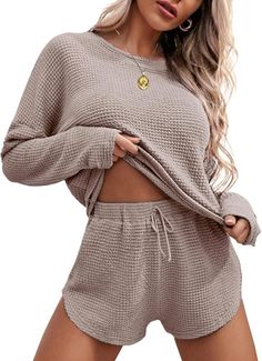 Womens Waffle Knit Pajama Sets Long Sleeve Top and Shorts Matching Lounge Set Loungewear Matching Lounge Set, Stylish Pajamas, Knit Lounge Set, Round Neck Tops, Lounge Set, Pyjama Set, Pajama Sets, Lounge Sets, Drawstring Shorts