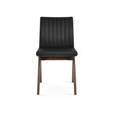 a black leather chair with wooden legs and backrests on an isolated white background