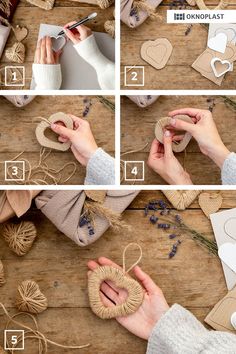 the instructions for making heart shaped paper ornaments on wood planks with twine and twine