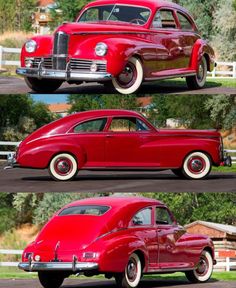 an old red car is shown in three different pictures