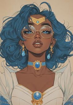 an illustration of a woman with blue hair and glasses on her face, wearing gold jewelry