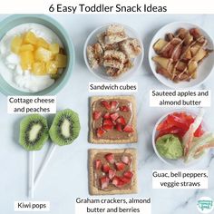 six easy toddler snack ideas including crackers, kiwi pops, and fruit