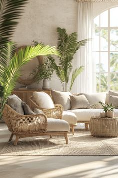 a living room with wicker furniture and large plants in the window sill area