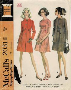 two women's coats and dresses in three sizes and half sizes from the 1950's