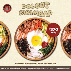 two plates filled with different types of food and the words dolsot bibimbap