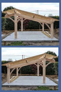 two pictures of a wooden structure in the process of being built, and then finished