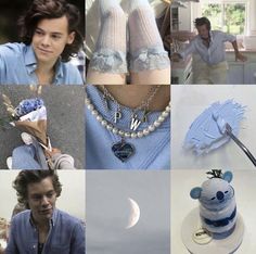 a collage of photos with various items including a cake, necklaces and flowers