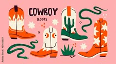 cowboy boots with cactus and stars on pink background, hand drawn illustration for children's t - shirt design