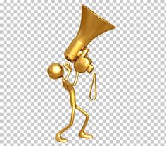 a golden man with a megaphone on his head, holding it up to the side