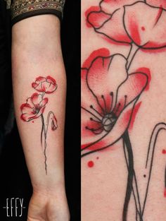 two different tattoos with red ink on their arms and legs, one has an image of flowers