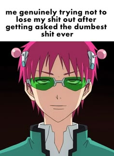 an anime character with pink hair and green glasses, in front of a black background